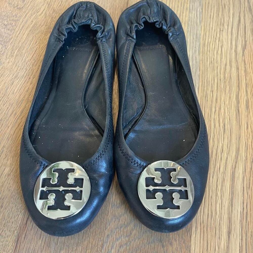 Tory Burch Reva Black Leather Logo Ballet Flats